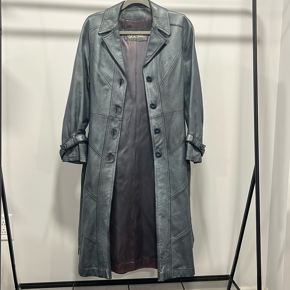 Gorgeous  blue gray long leather coat, size S-M, vintage.